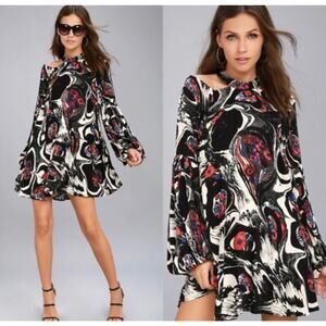 Free People Drift Away Halter Neck Cold Shoulder Tunic Dress Black White Print S